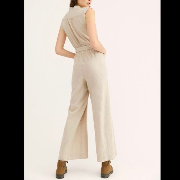 Free People Neutral Light Beige Linen Blend Jumpsuit With Pockets Size M - Picture 2 of 10